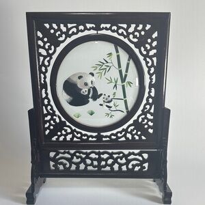 Handcrafted Panda Embroidery Table Screen - Black Frame